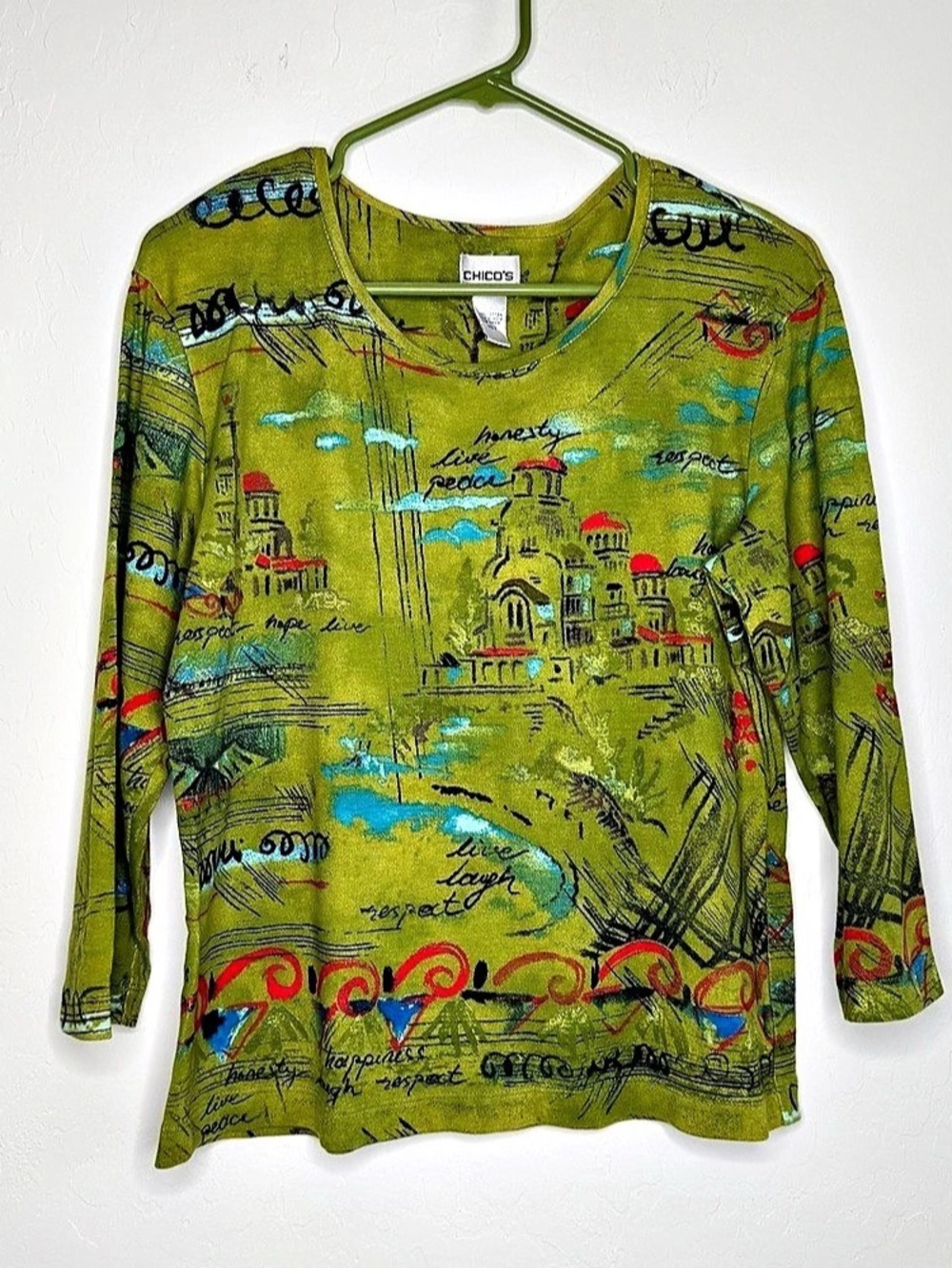 Chico's Long Sleeve Abstract Y2K  Top in Green